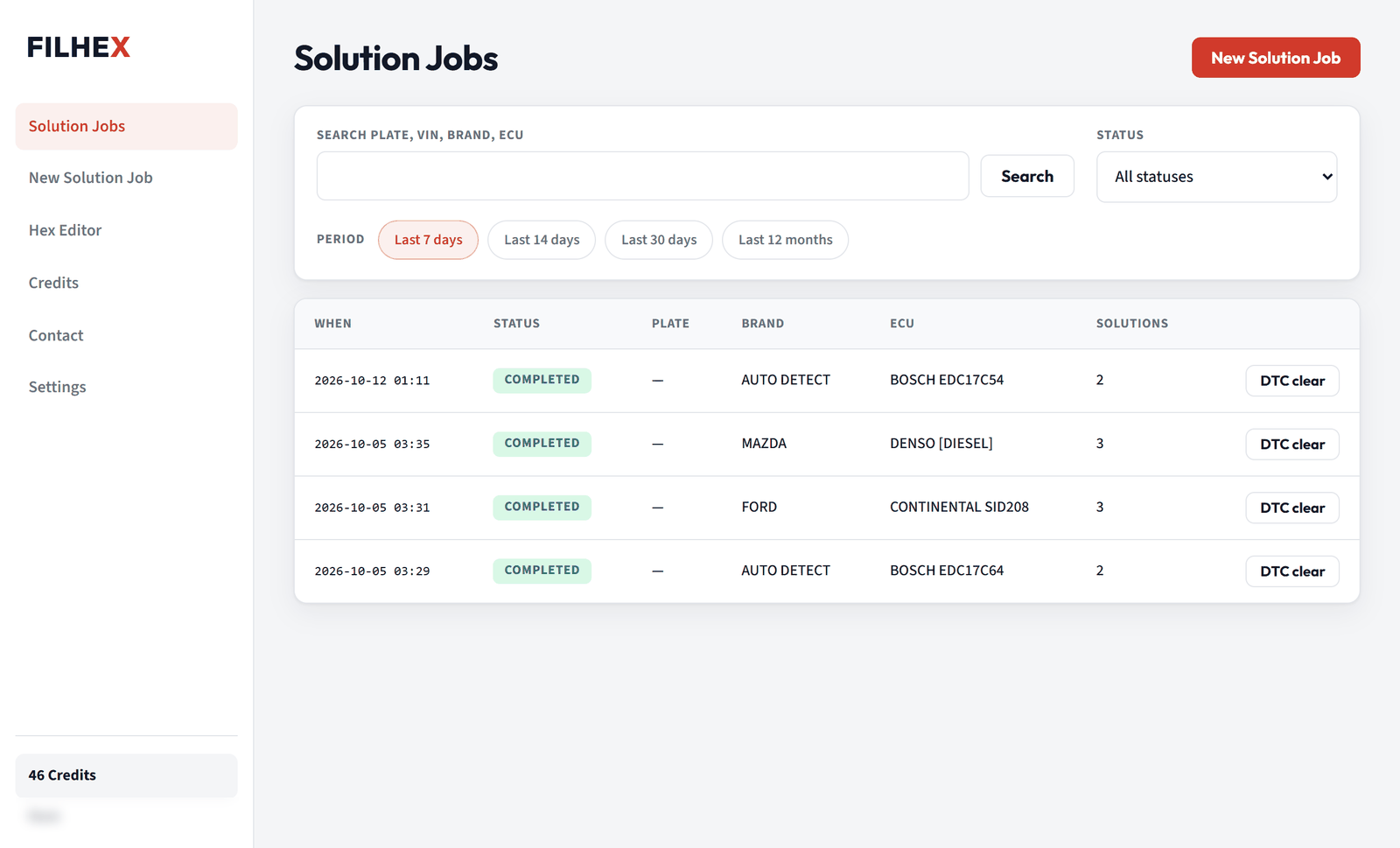 FILHEX Solution Jobs list with live status in the Windows app