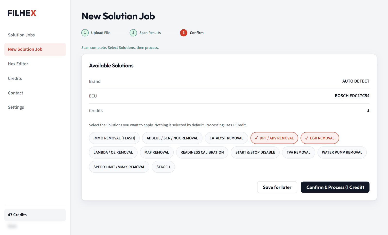 FILHEX New Solution Job: upload a File, scan, and select Solutions