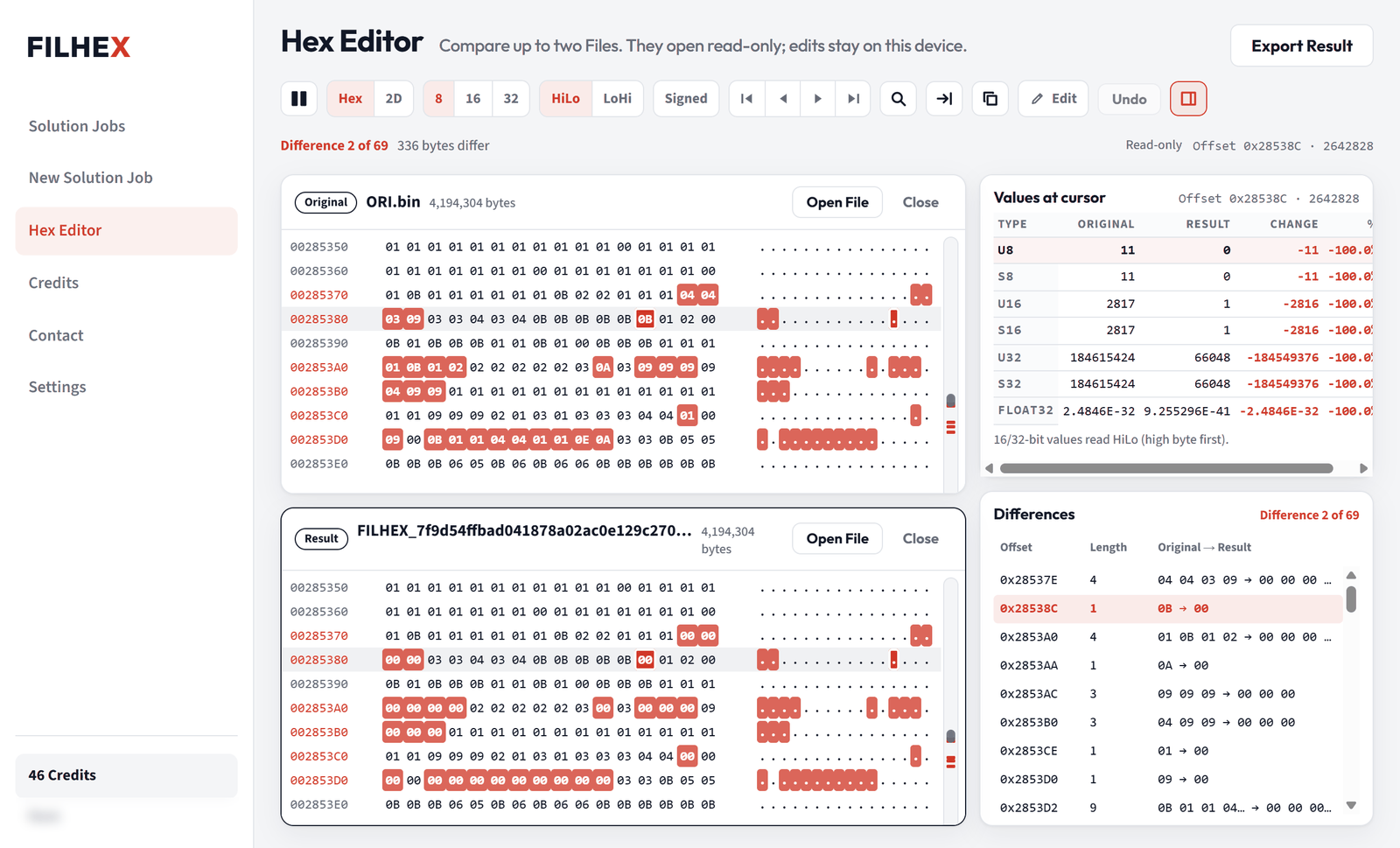FILHEX Hex Editor comparing the original and the result File side by side