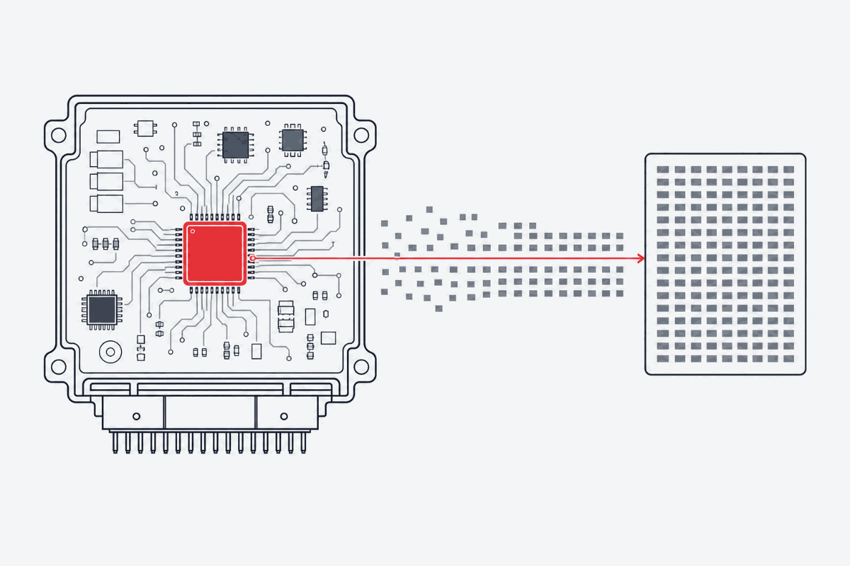 Diagram of an ECU circuit board with its microcontroller highlighted, streaming the contents of flash memory out as a binary File